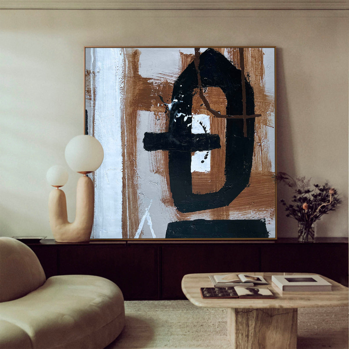 Earth‑Tone Abstract Gestural Art Framed Linen Canvas Wall Decoration