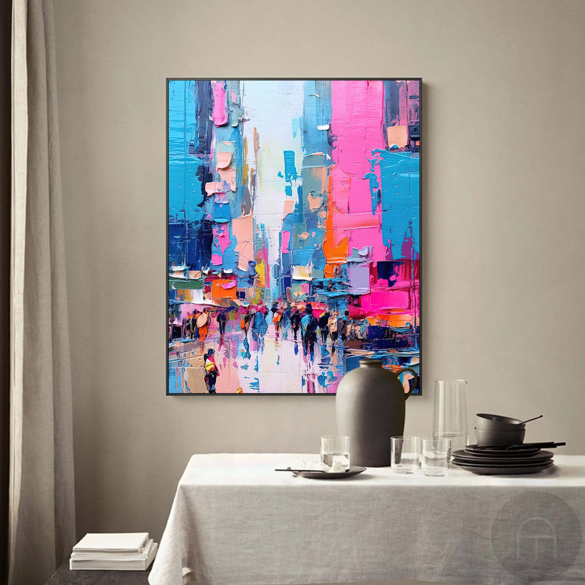 Impasto Cityscape Painting Vibrant Pink & Blue Wall Art