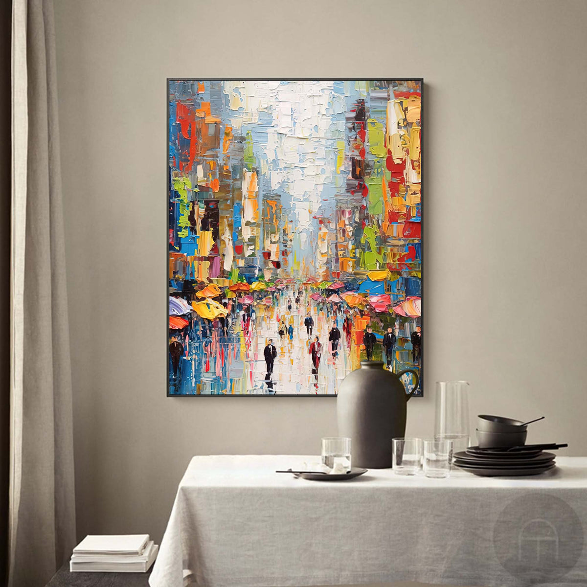 Vibrant Impasto City Street Oil Painting Rainy Day Umbrella