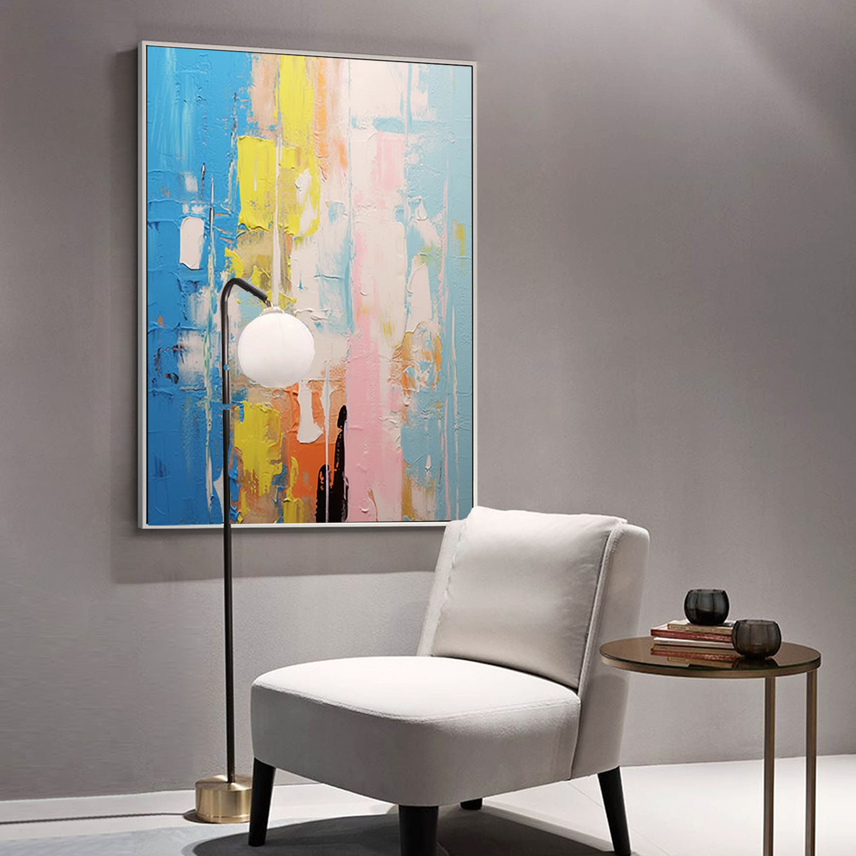 Impasto Vertical Abstract Painting Blue And Pink