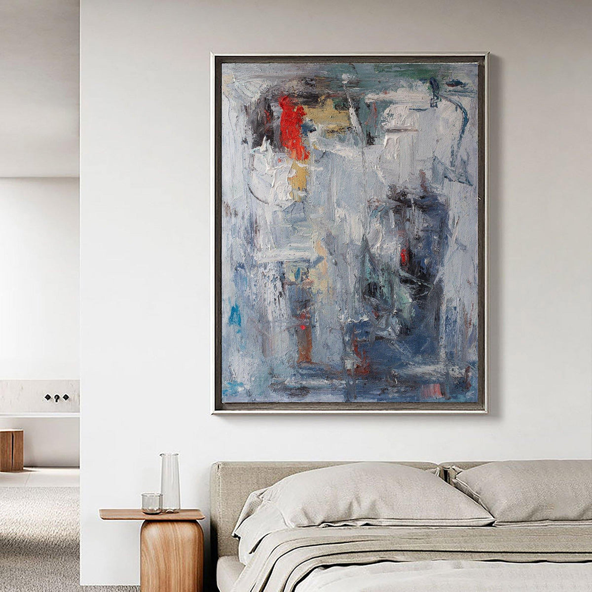 Grey‑Blue Vertical Red‑Accent Expressive Impasto Textured Artwork