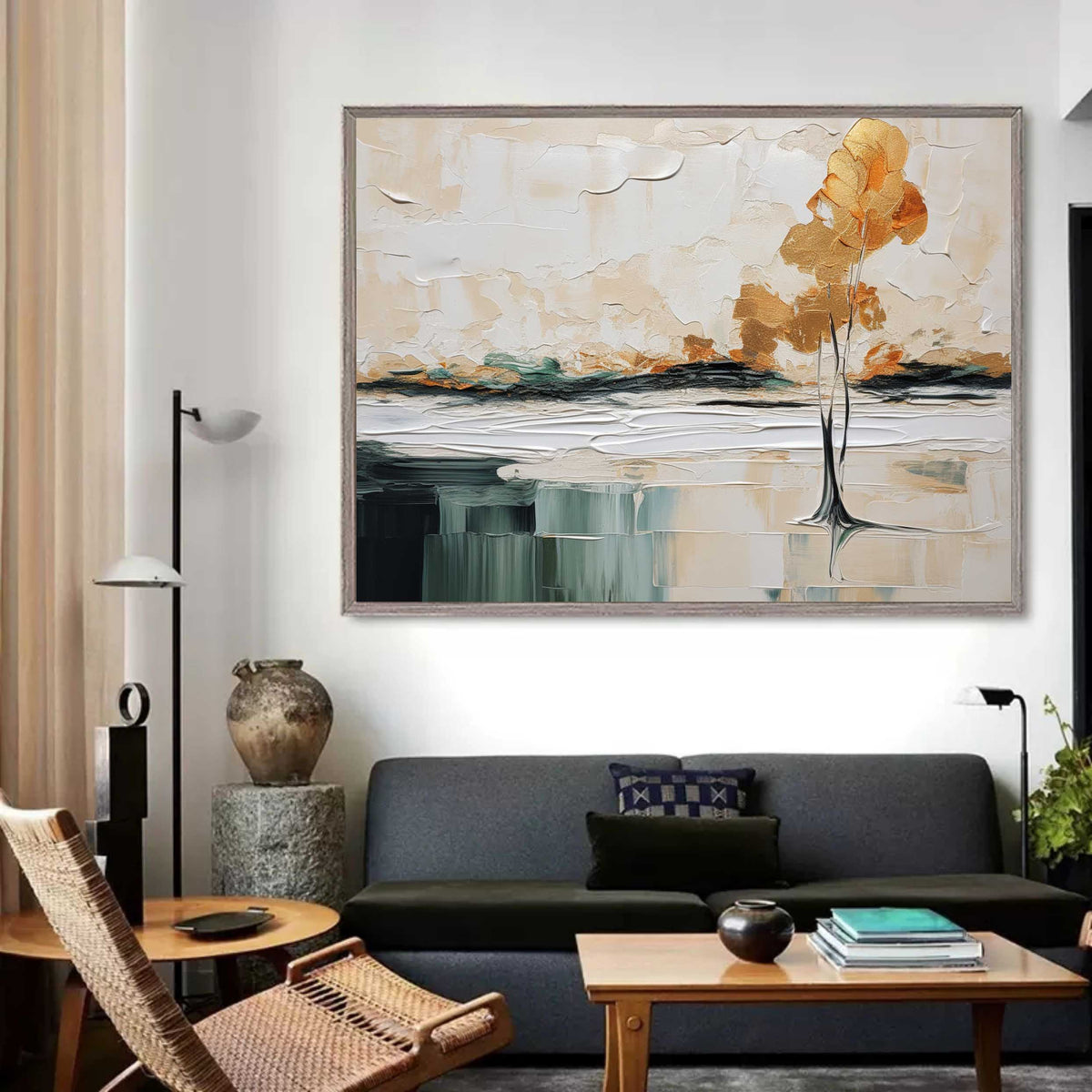 Golden Solitary Tree Landscape Impasto Painting