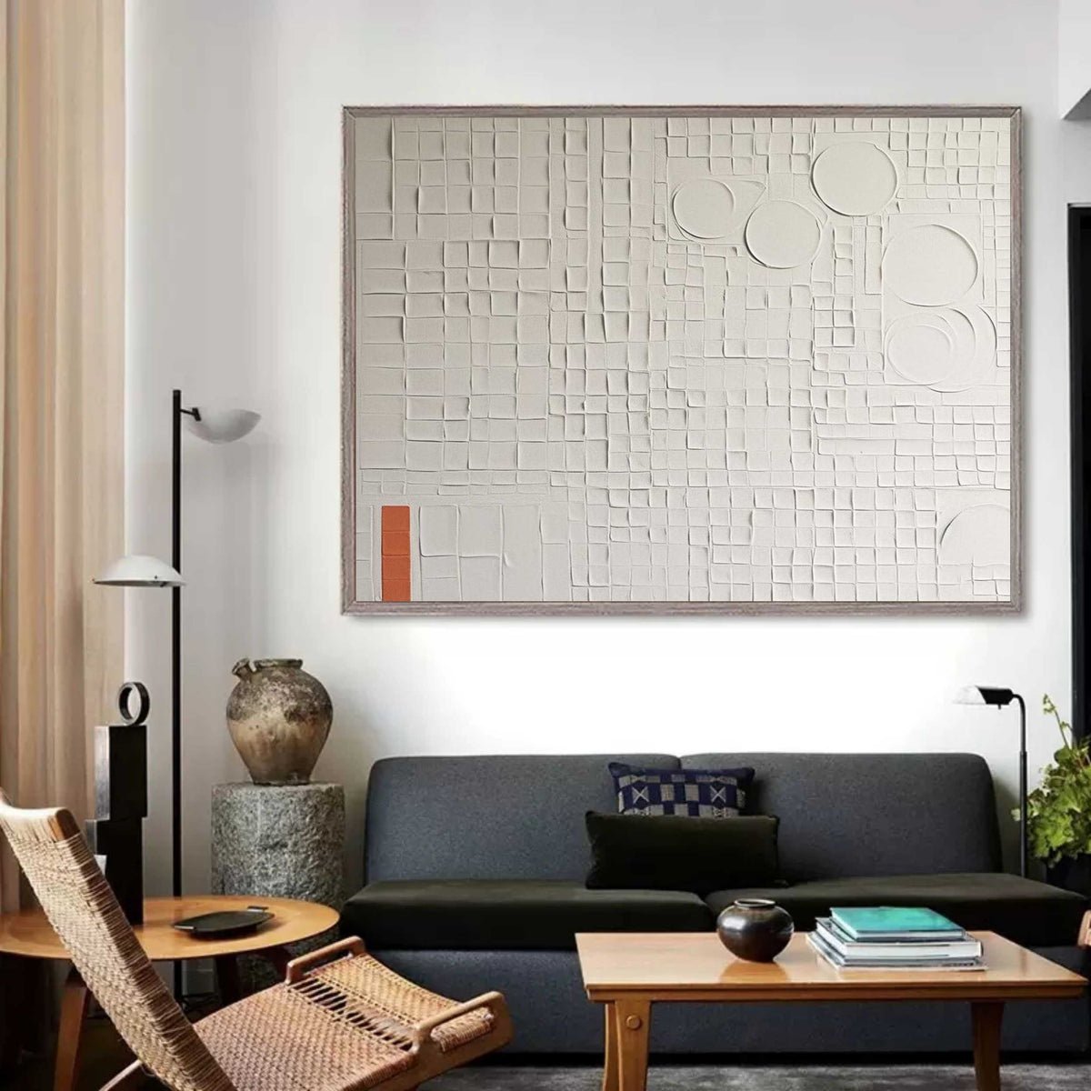 Wall Art White Grid Circle Plaster Relief Canvas