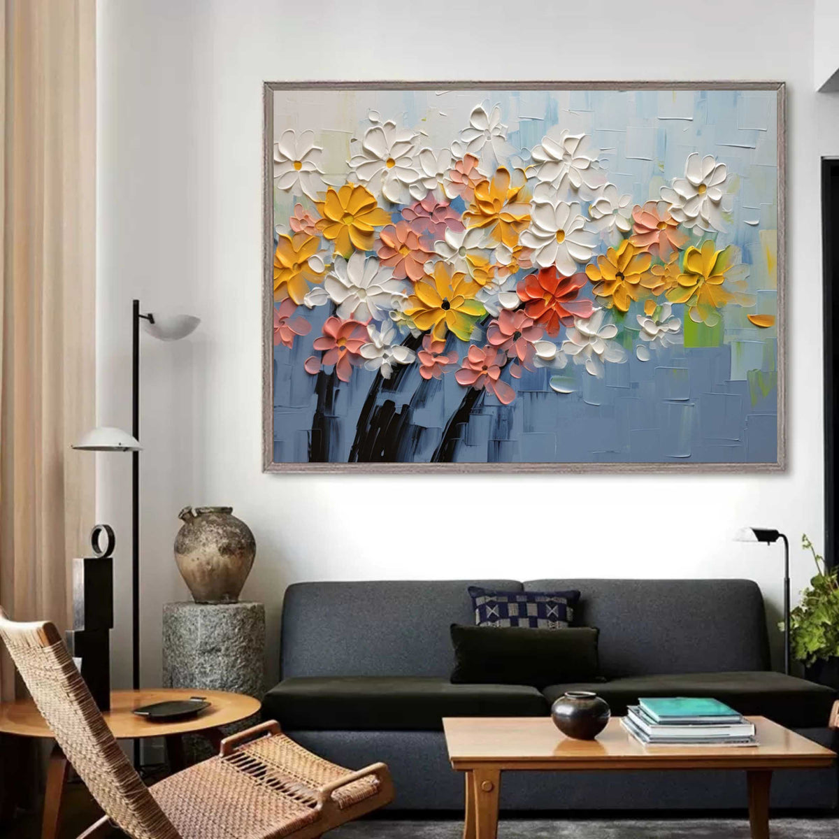 Tactile Impasto Floral Oil Painting Multi-Color Blooms