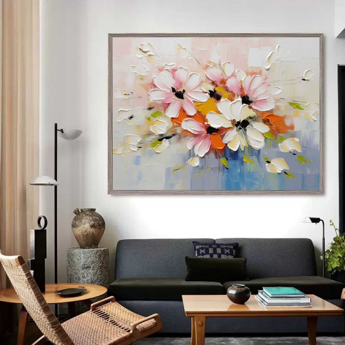 Tactile Impasto Floral Oil Painting Pink Orange Blooms