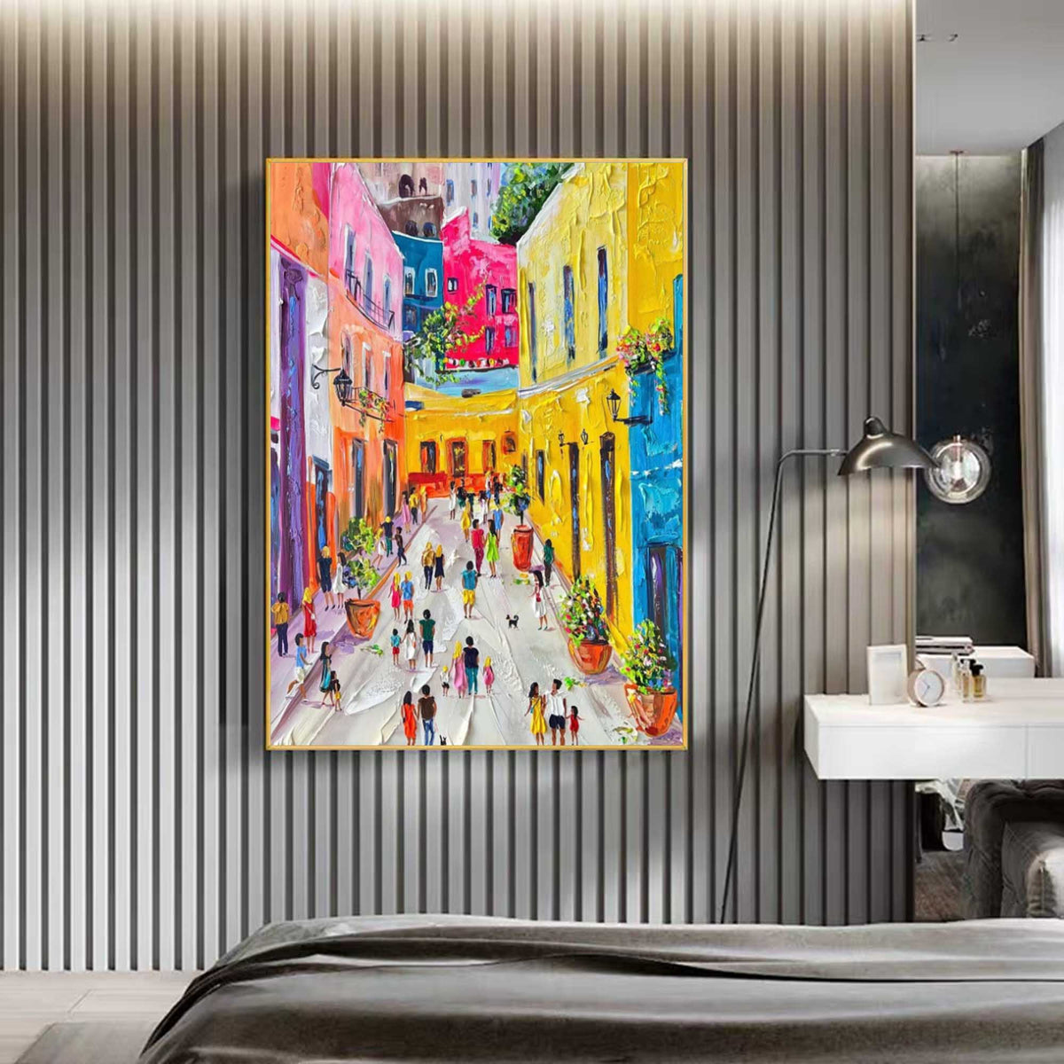 Vibrant Mediterranean Street Painting Impasto Textured