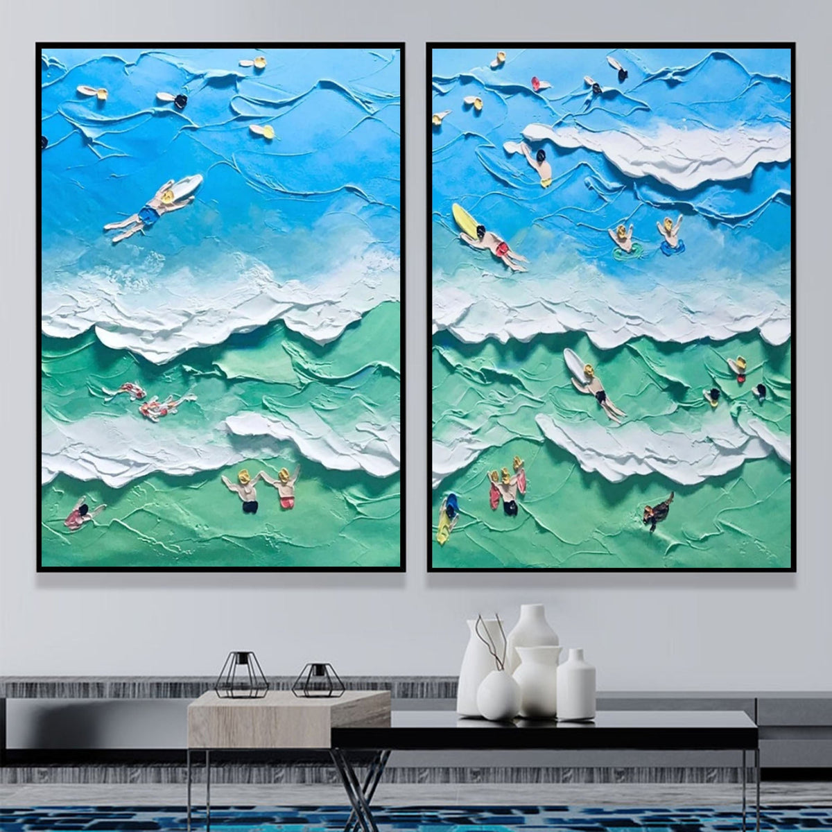 Vibrant Beach Scene Impasto Diptych Oil Painting