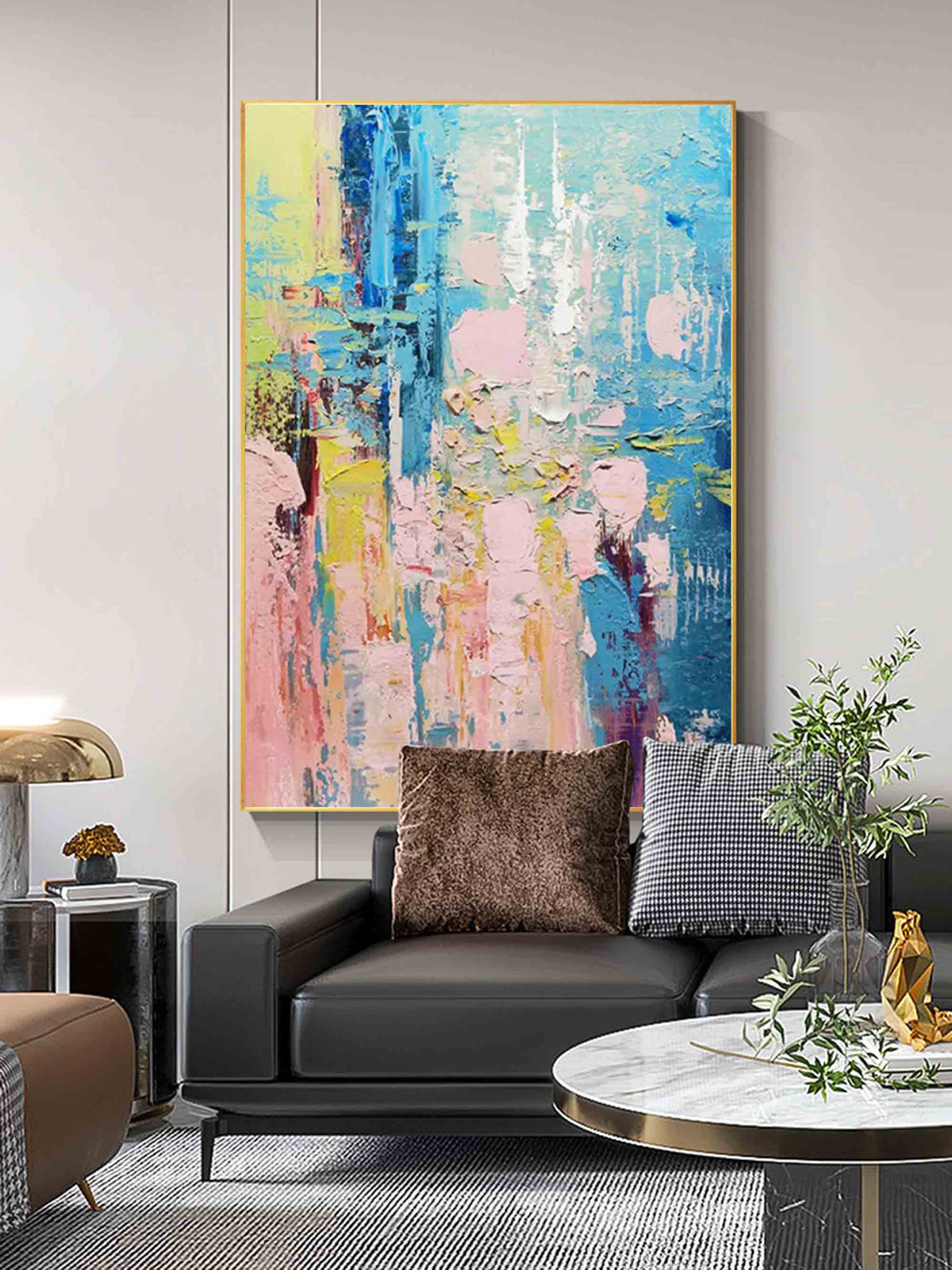 Vibrant Impasto Oil Painting Blue Pink Yellow