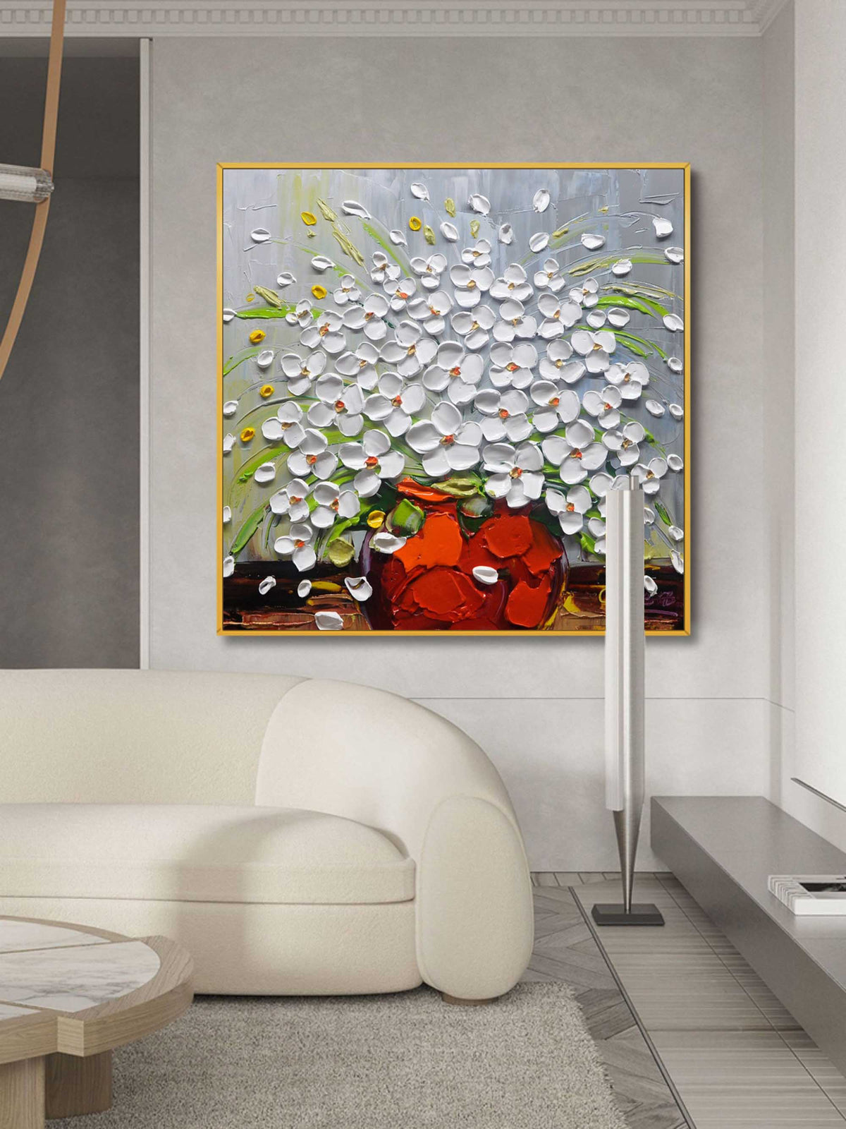 Impasto White Floral Art Oil Painting Red Vase