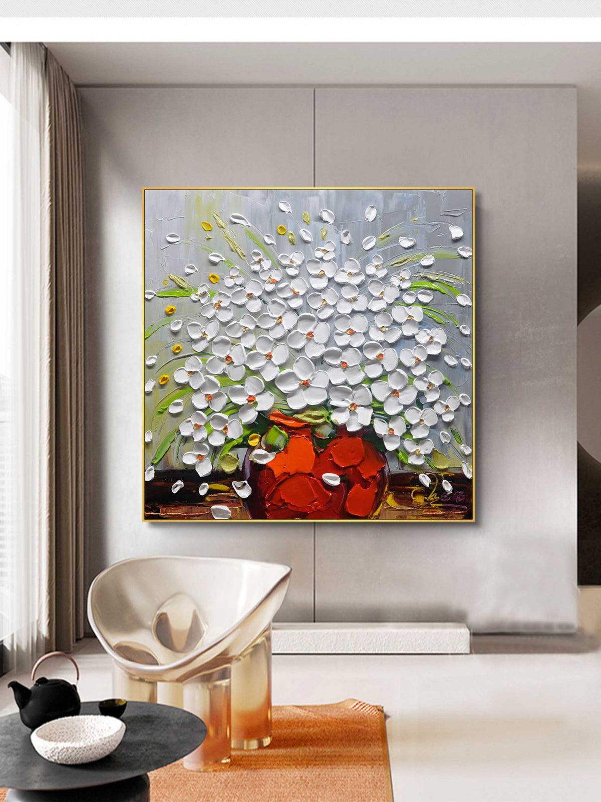 Impasto White Floral Art Oil Painting Red Vase