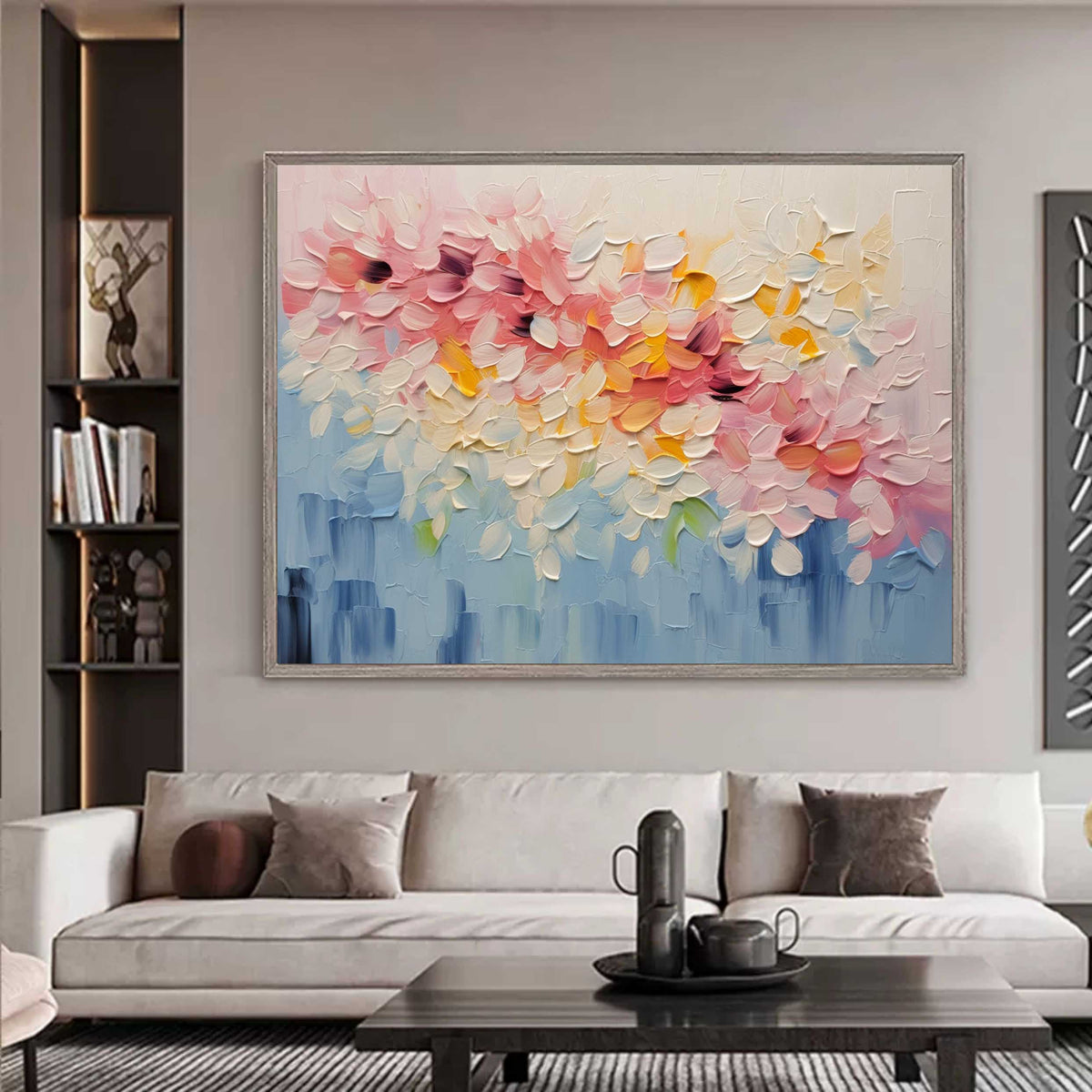 Vibrant Floral Impasto Painting Textured Pink Yellow