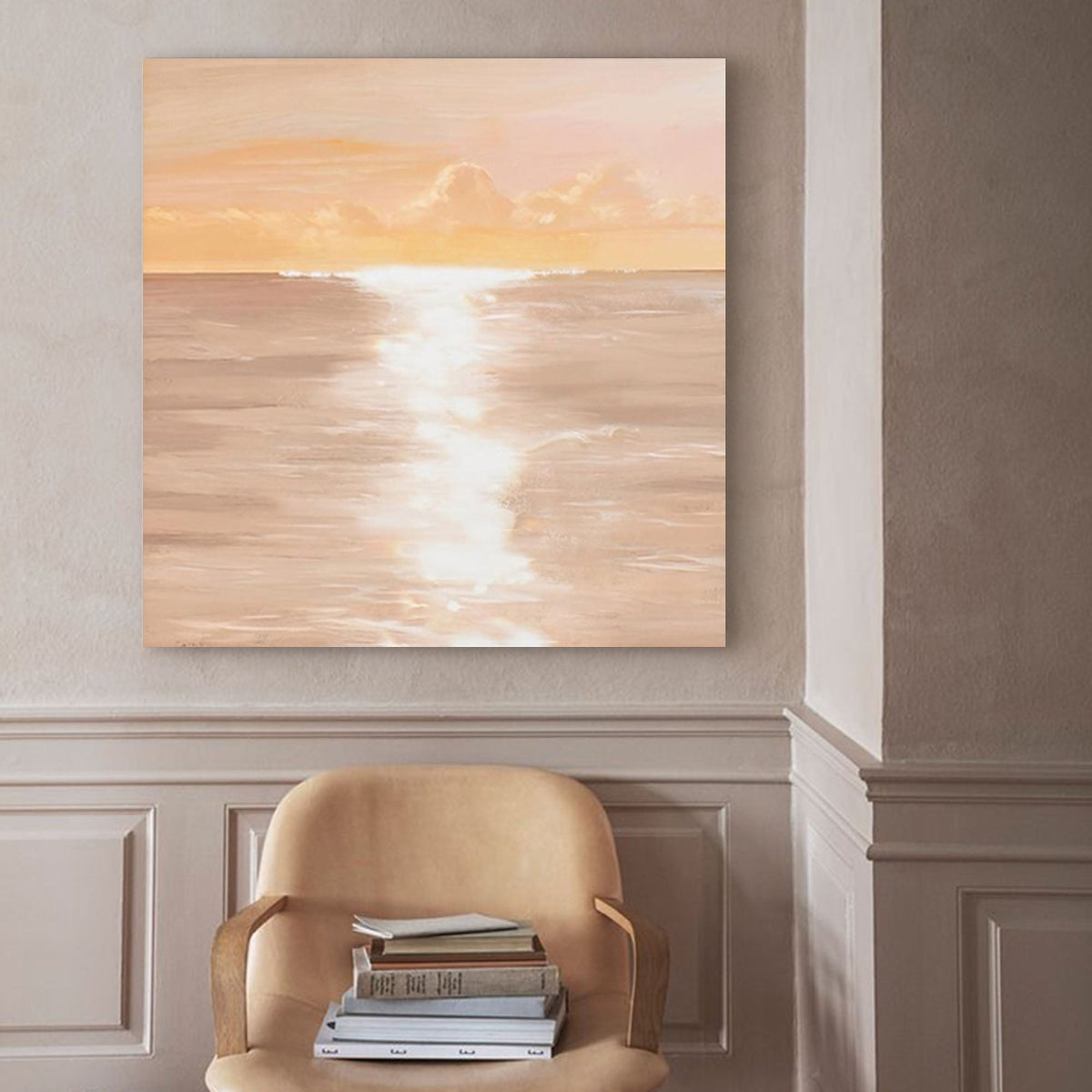 Serene Coastal Sunset Oil Painting Soft Peach