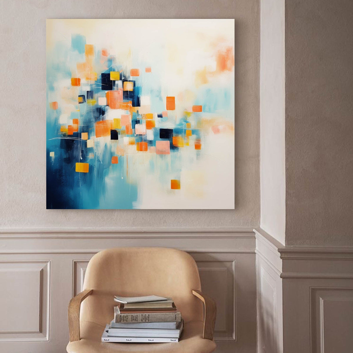 Geometric Pixel Painting Warm Orange Blue