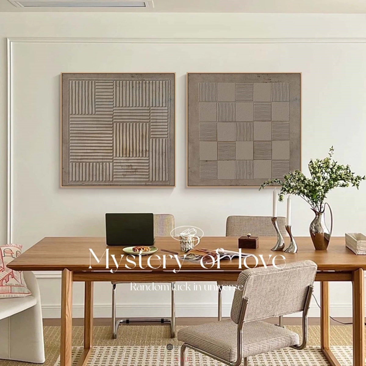 Neutral Beige‑Taupe Geometric Diptych Abstract Raised Linear Textured Artwork