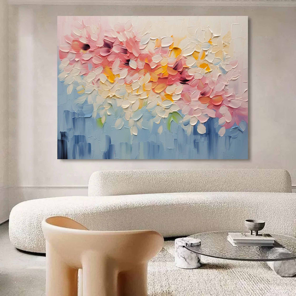 Vibrant Floral Impasto Painting Textured Pink Yellow
