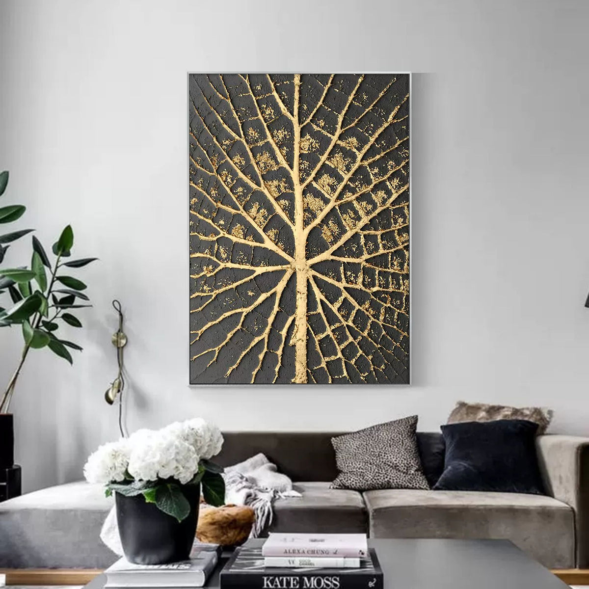 Plaster Art Black And Gold Leaf Vein Textured Painting