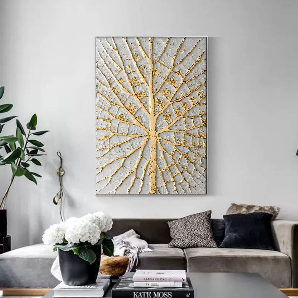 Kintsugi-Inspired Golden Tree Bas-Relief Painting