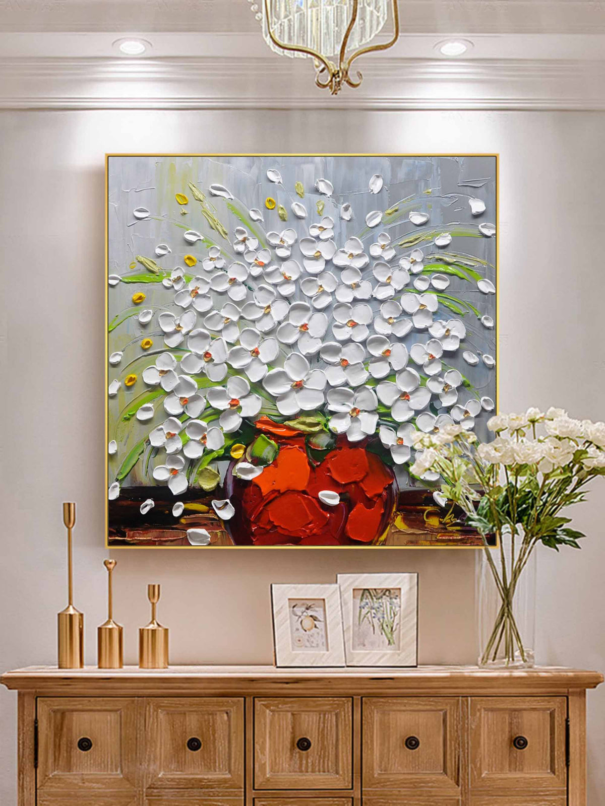 Impasto White Floral Art Oil Painting Red Vase