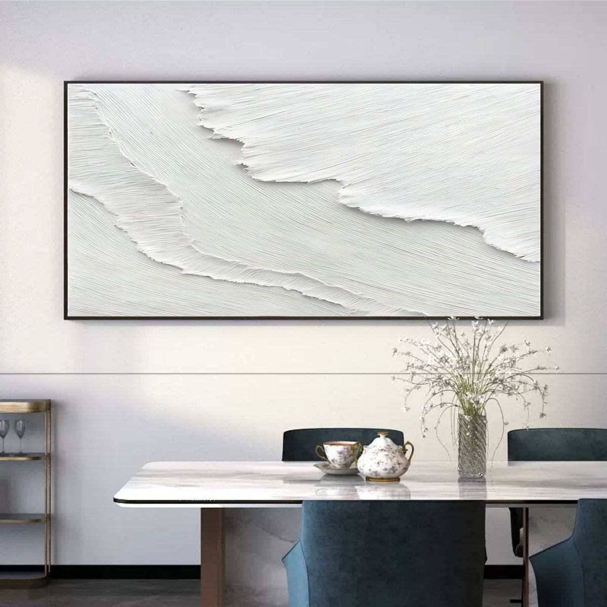 Minimalist 3D Textured White Wall Art Ocean Waves Painting
