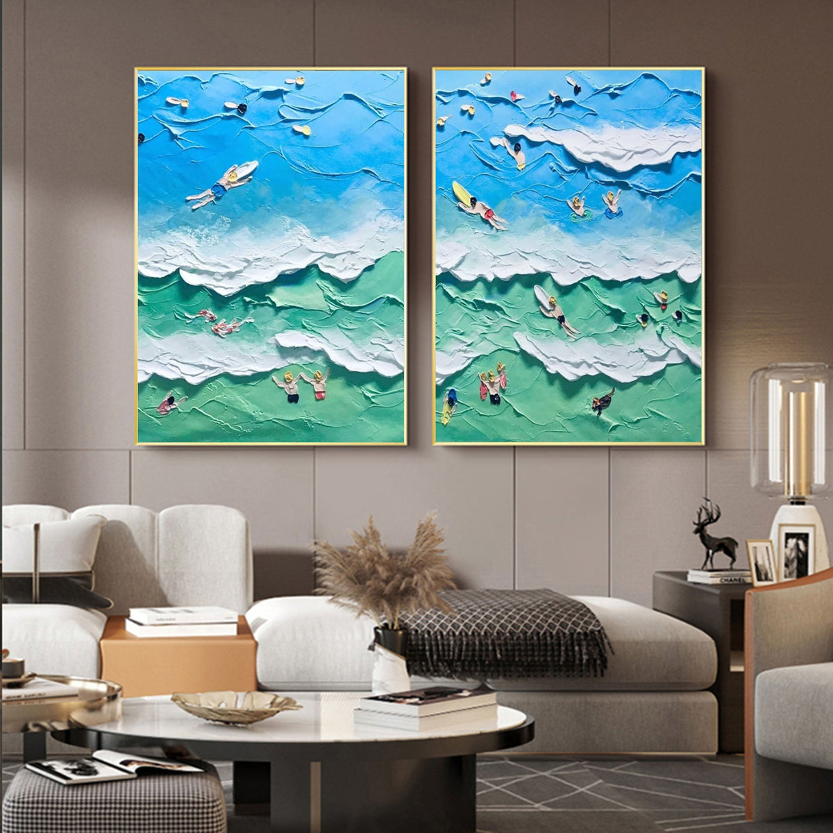 Vibrant Beach Scene Impasto Diptych Oil Painting