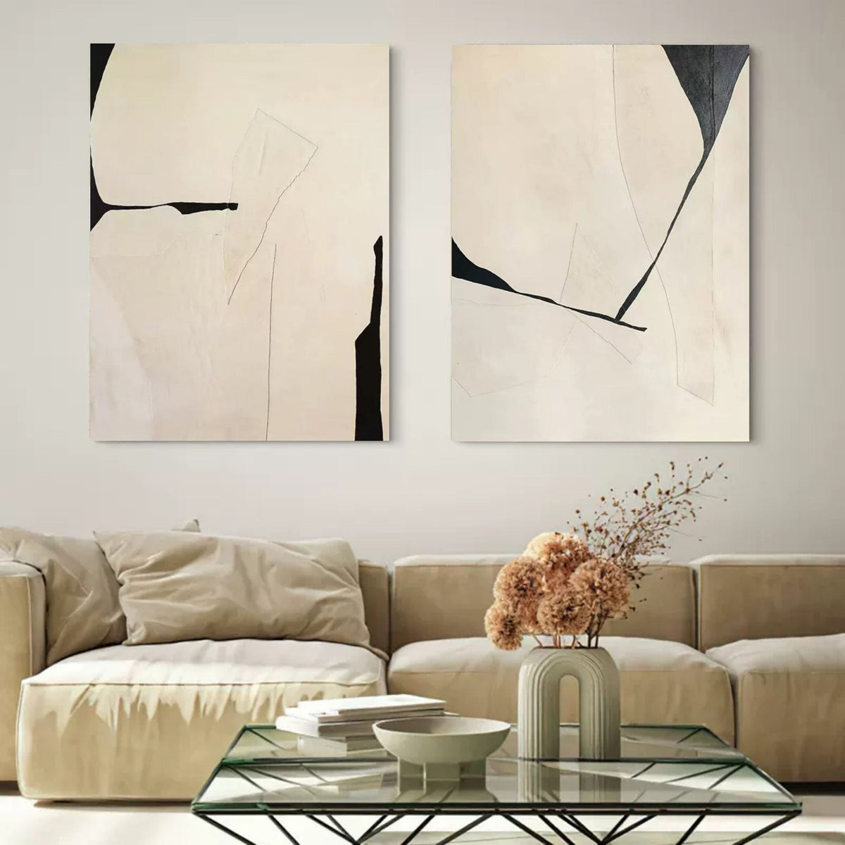 Minimalist Diptych Painting Neutral Geometric Wall Art