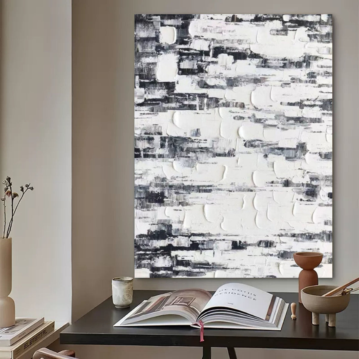 Black White Impasto Abstract Oil Textured Painting