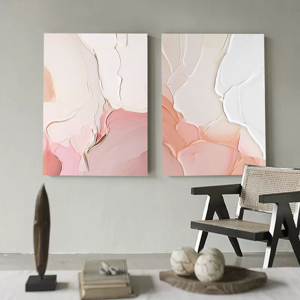 Textured 3D Diptych Wall Art Soft Pink White