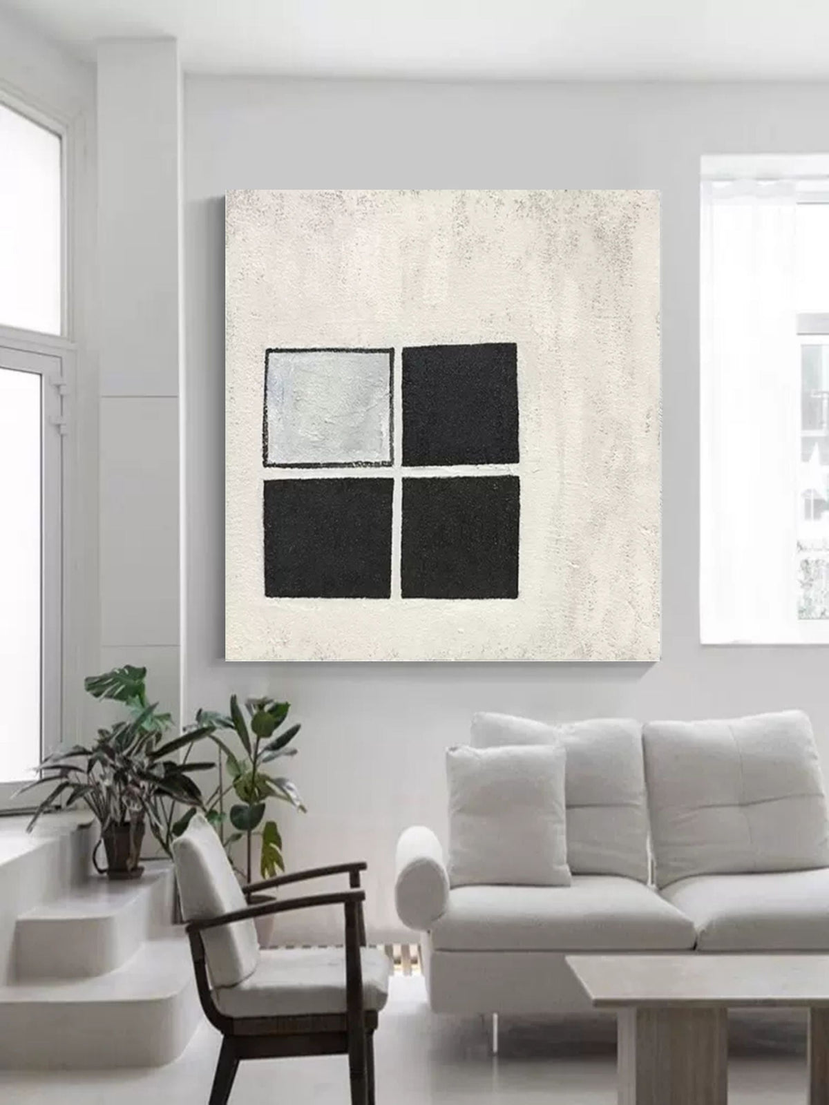 Wabi-Sabi Minimalist Black and White Grid Impasto Oil Painting