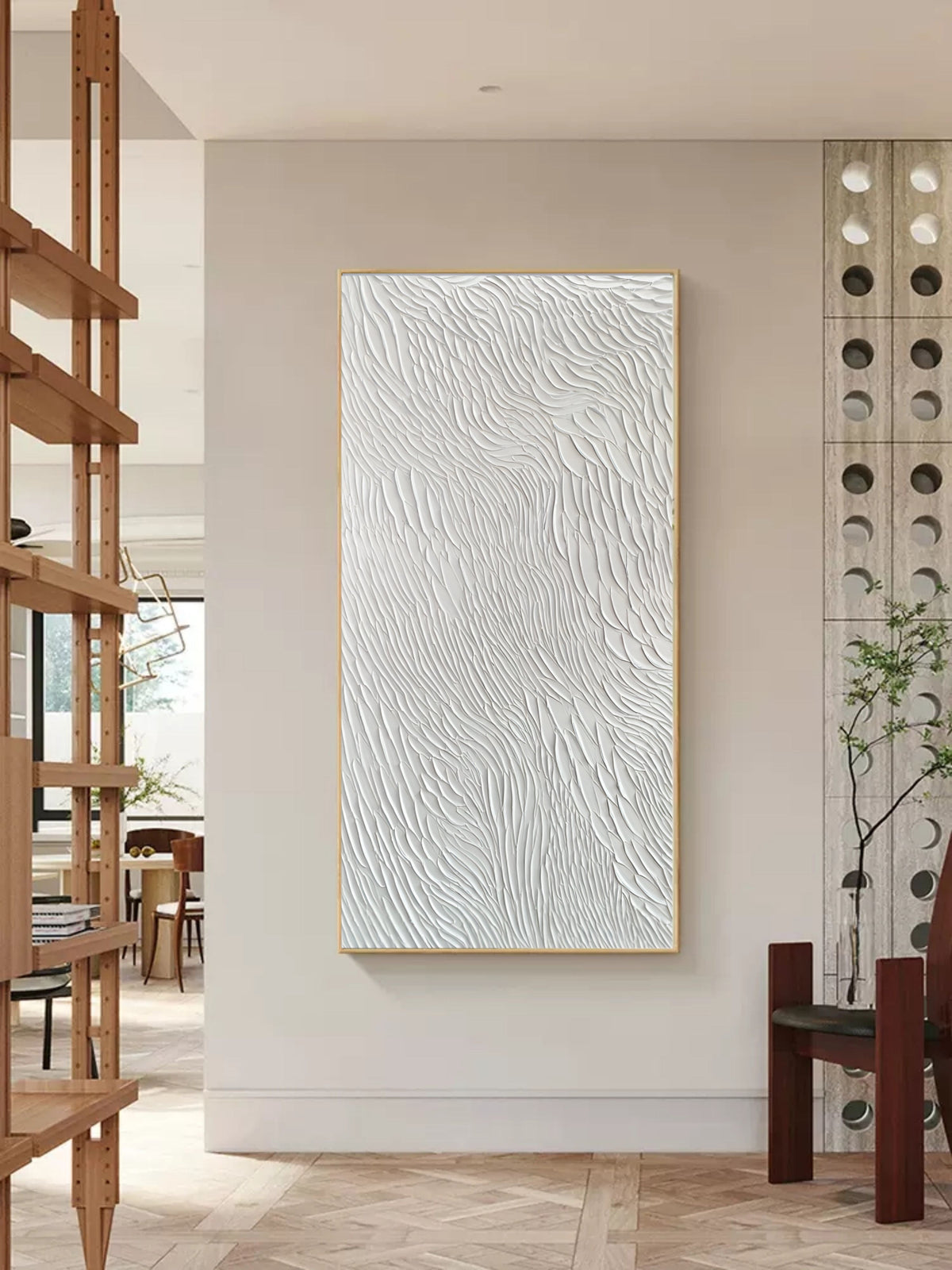 Vertical White Feather Texture Wall Art Minimalist Wabi Sabi