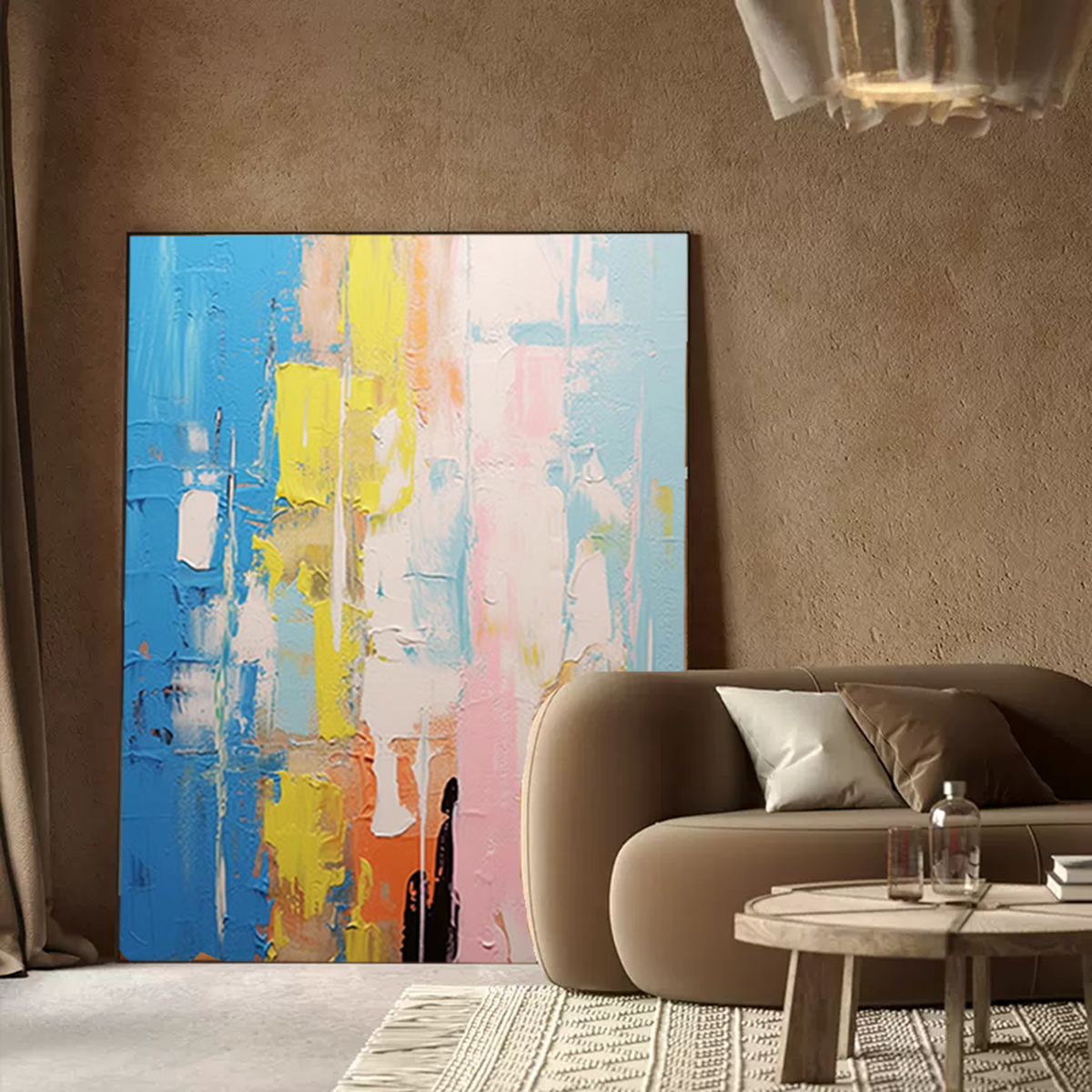 Impasto Vertical Abstract Painting Blue And Pink