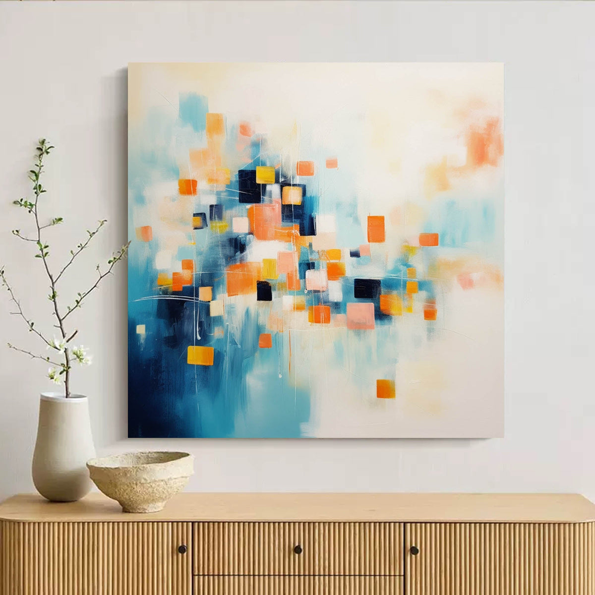 Geometric Pixel Painting Warm Orange Blue