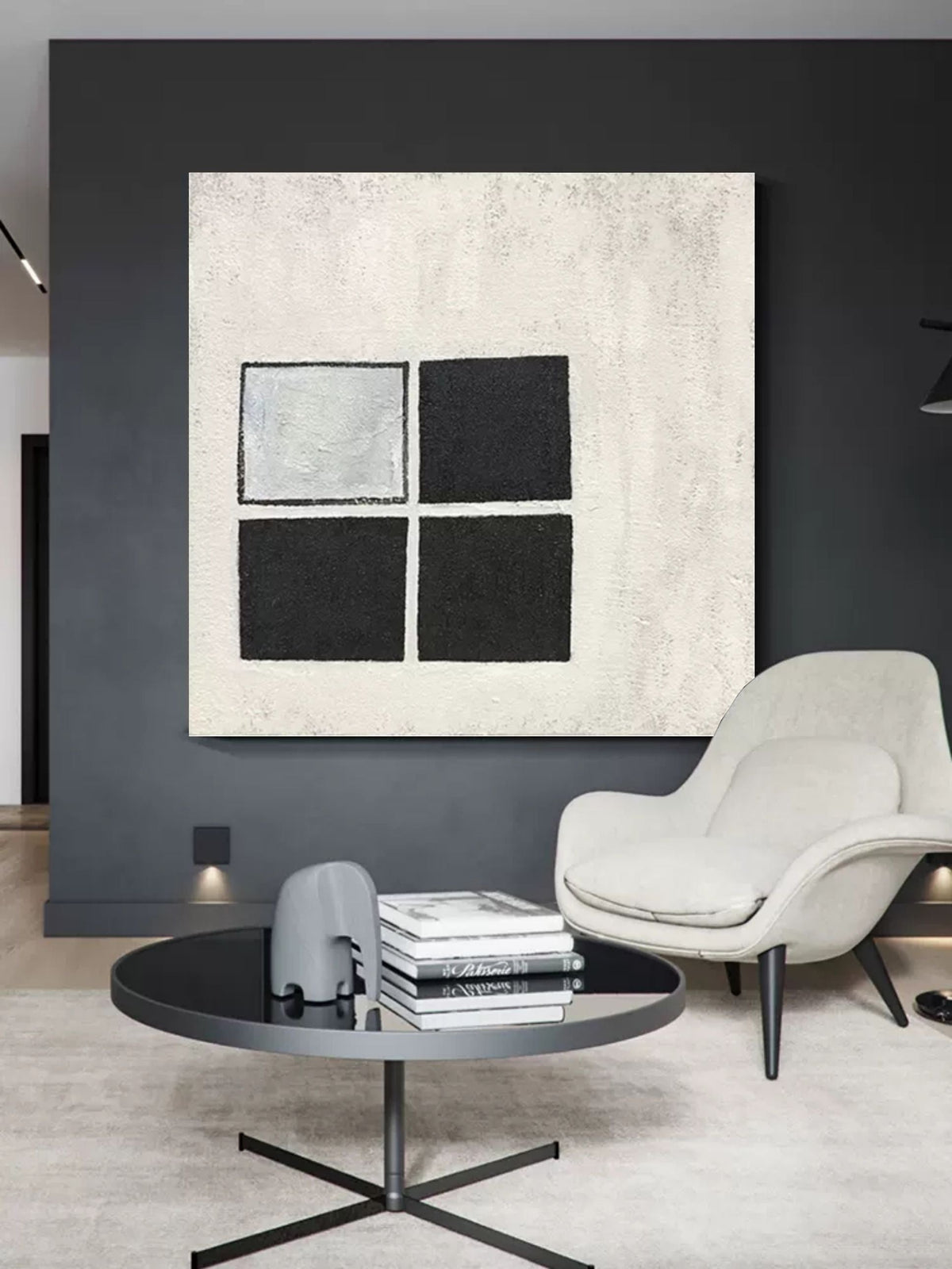 Wabi-Sabi Minimalist Black and White Grid Impasto Oil Painting