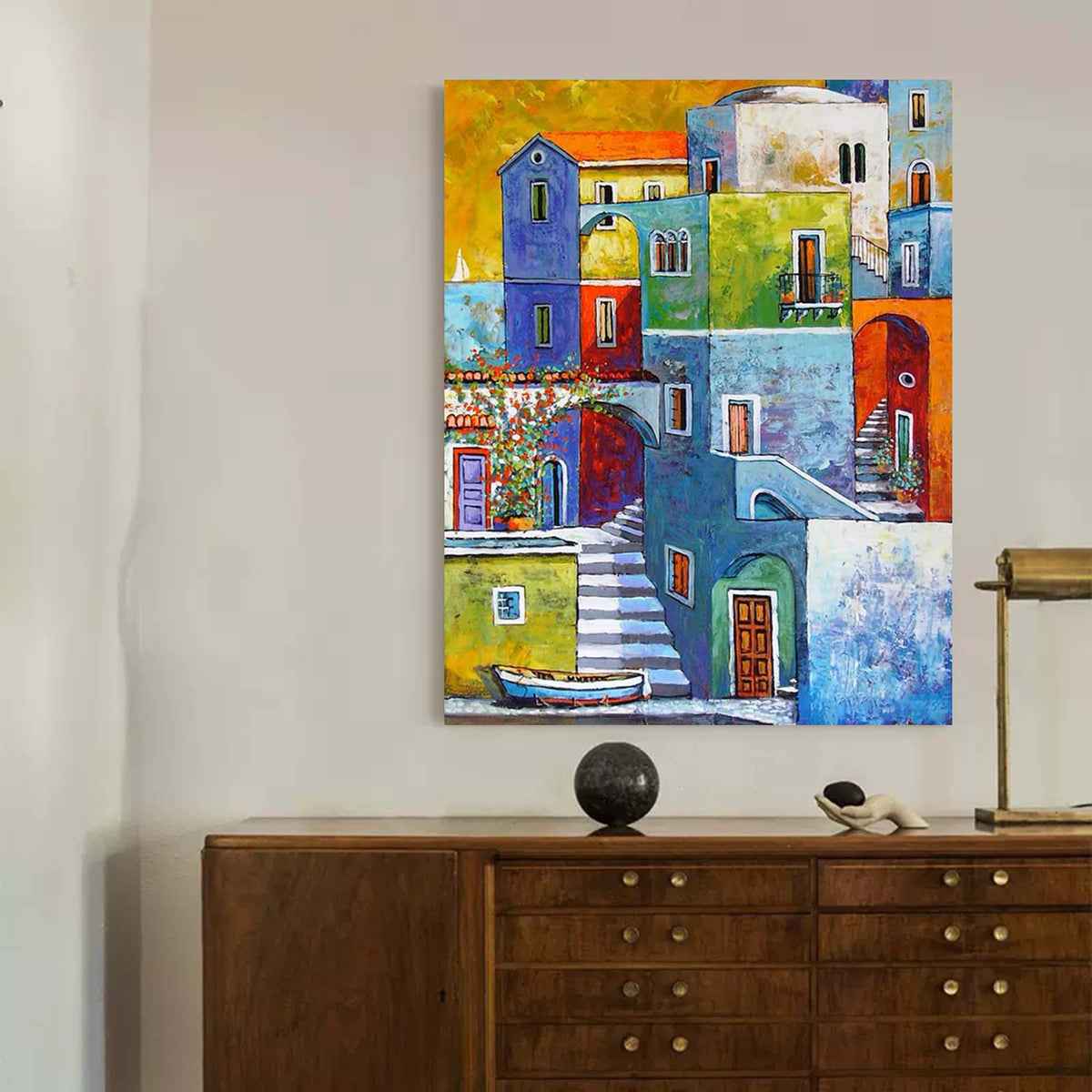 Colorful Mediterranean Coastal Town Oil Painting