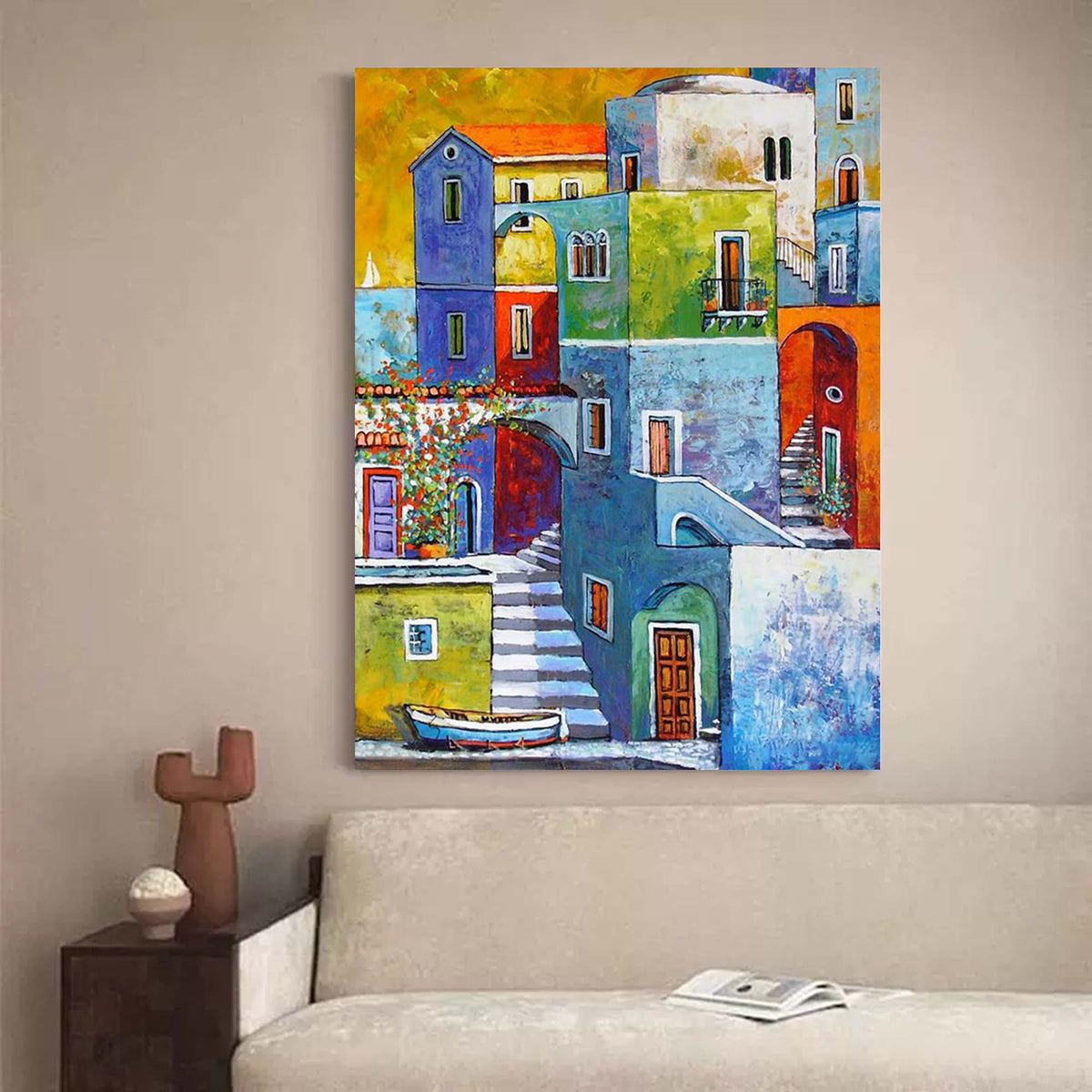 Colorful Mediterranean Coastal Town Oil Painting