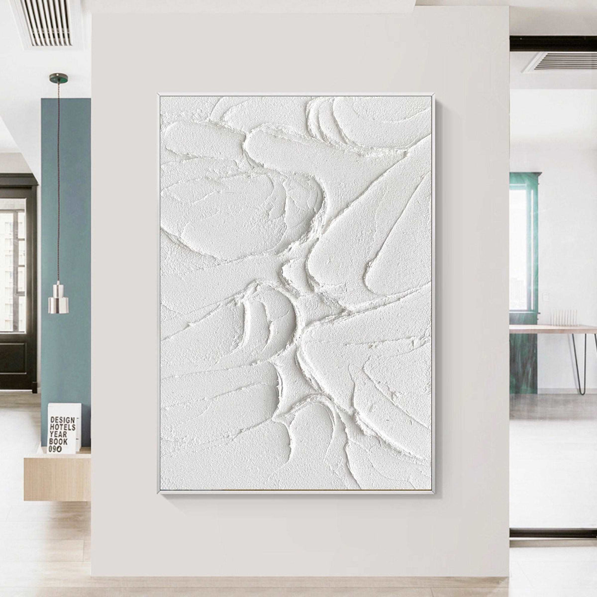 Vertical 3D Textured White Cracked Relief Oil Acrylic Linen Canvas Painting