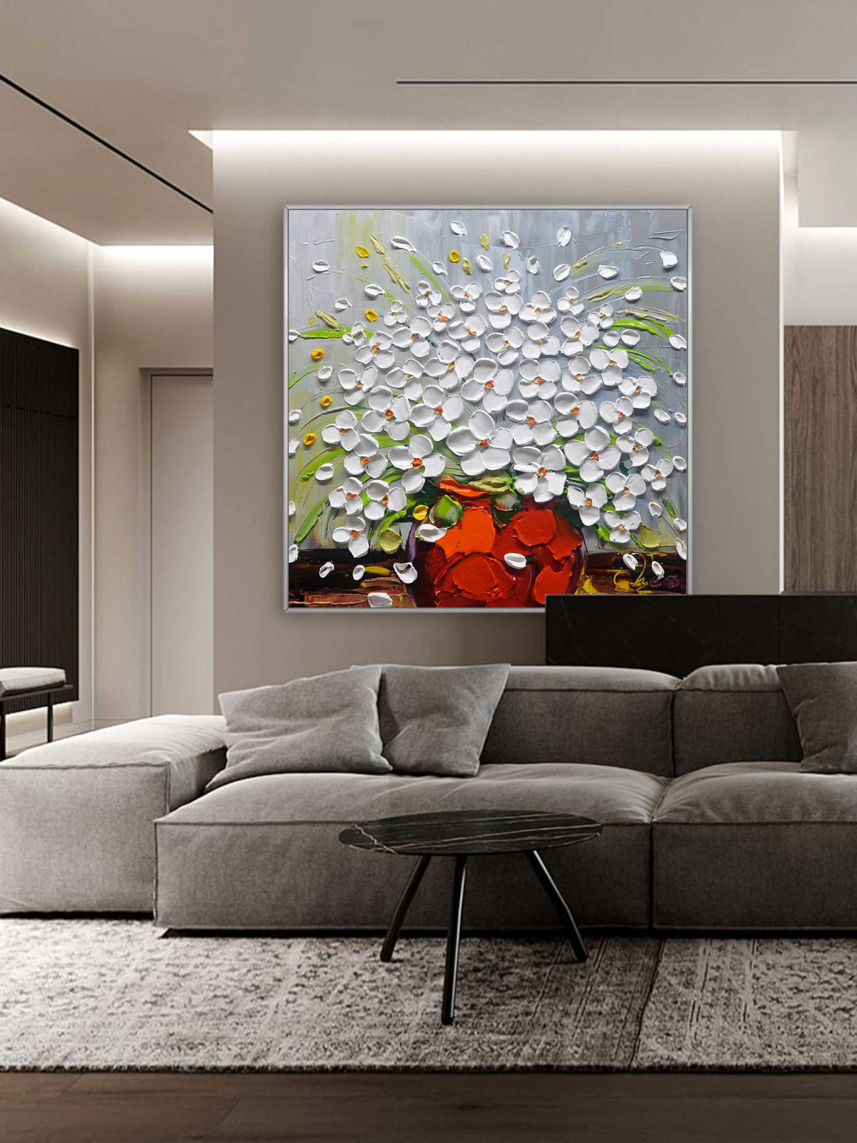 Impasto White Floral Art Oil Painting Red Vase
