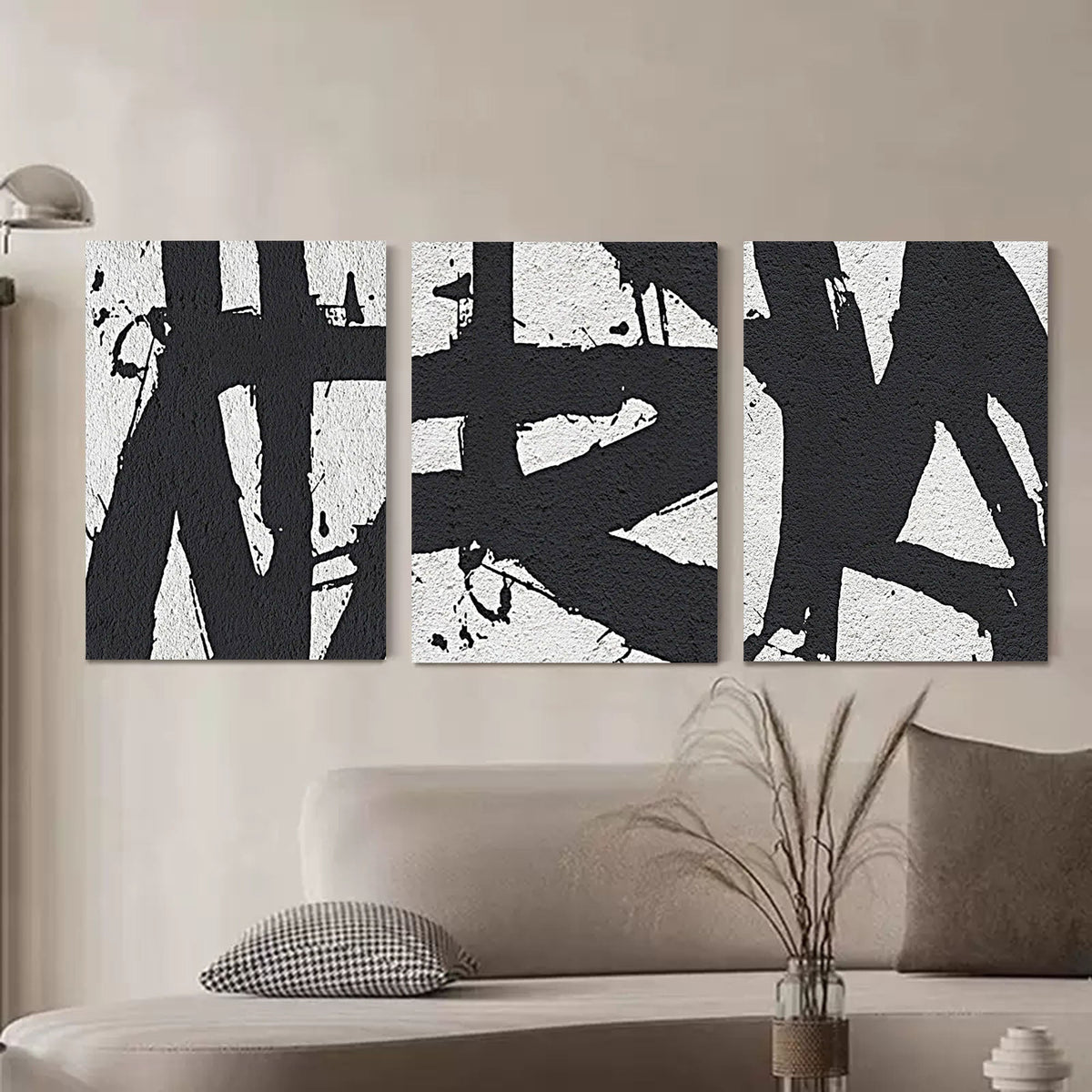 Set of 3 Black White Triptych Wall Art Textured