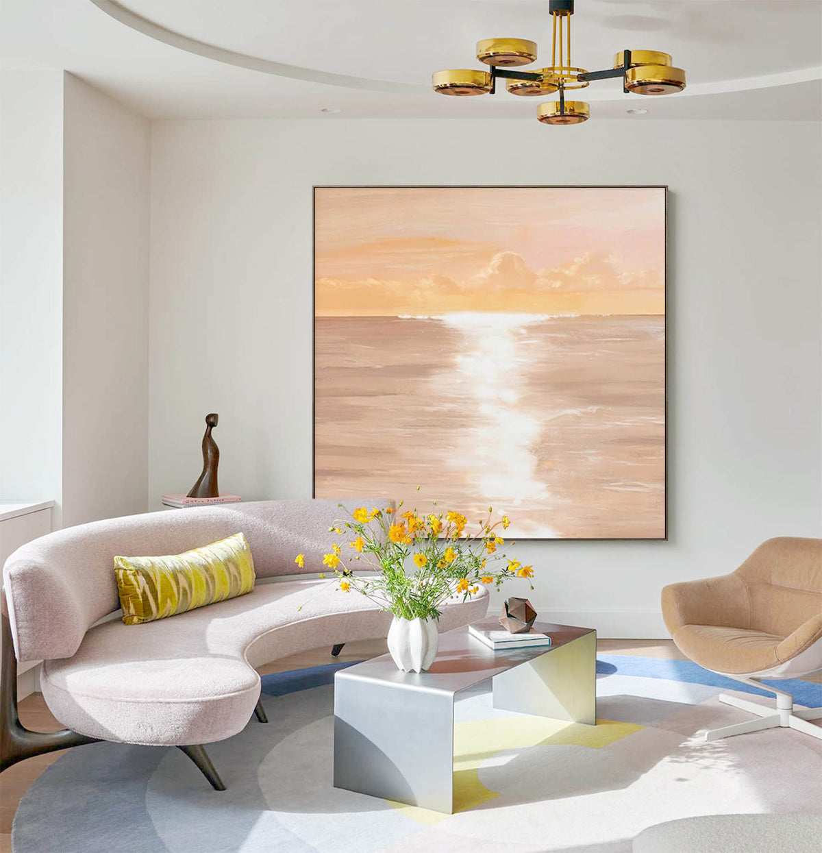 Serene Coastal Sunset Oil Painting Soft Peach
