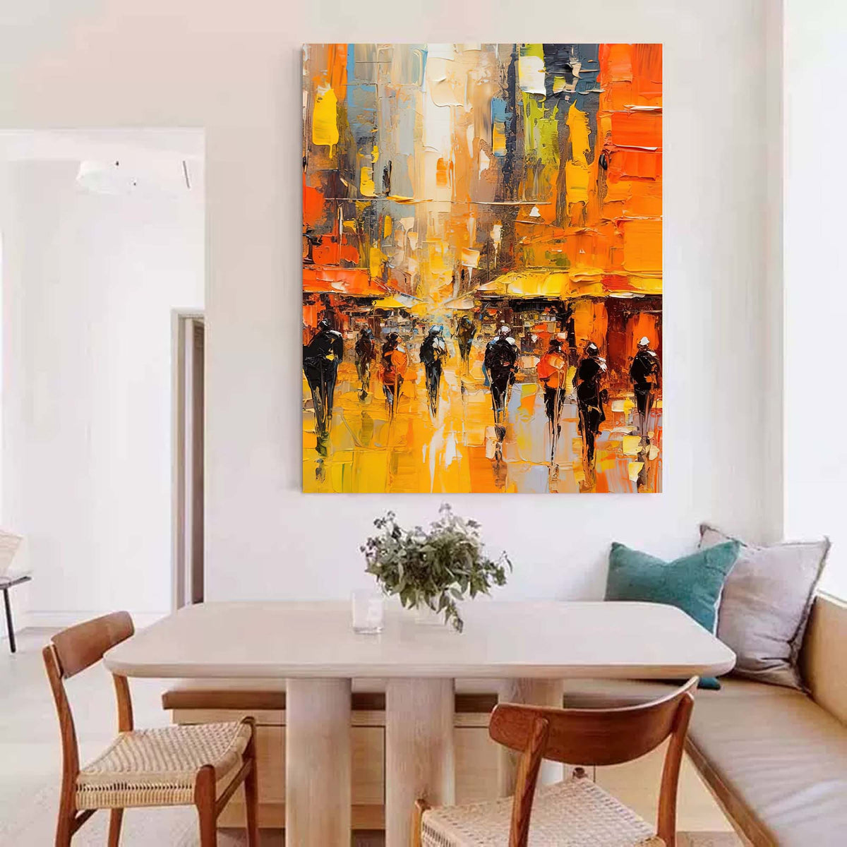 Impasto Cityscape Painting Vibrant Orange & Yellow