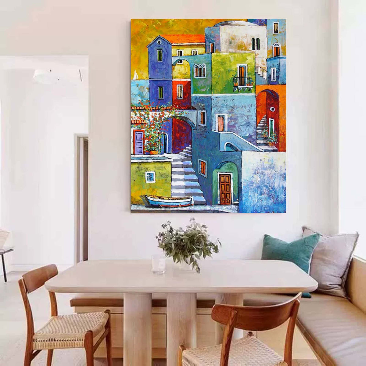 Colorful Mediterranean Coastal Town Oil Painting