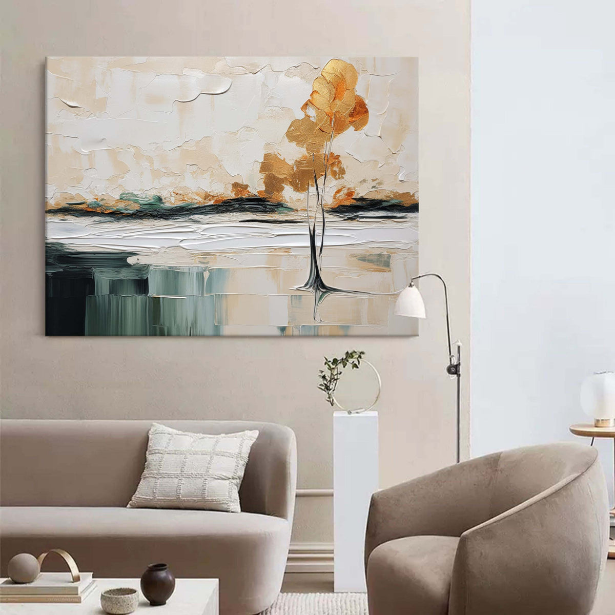 Golden Solitary Tree Landscape Impasto Painting