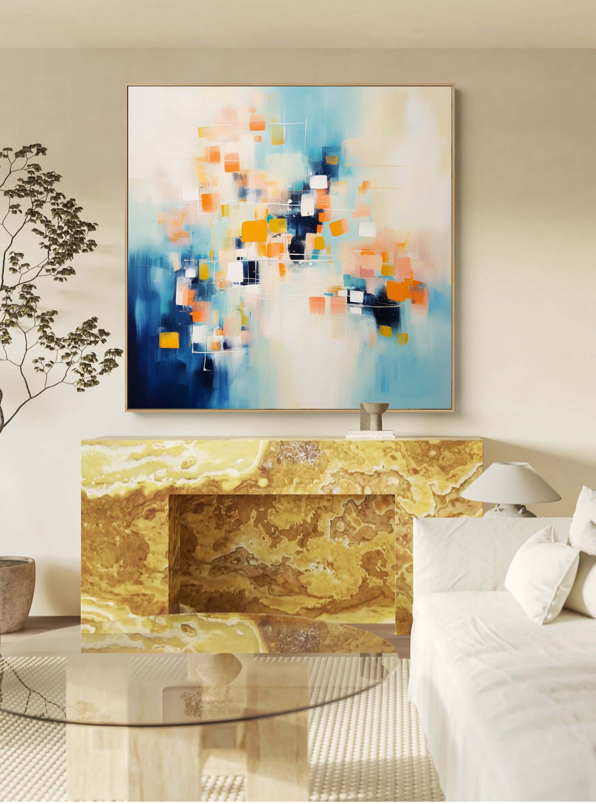 Geometric Pixel Painting Warm Orange Blue