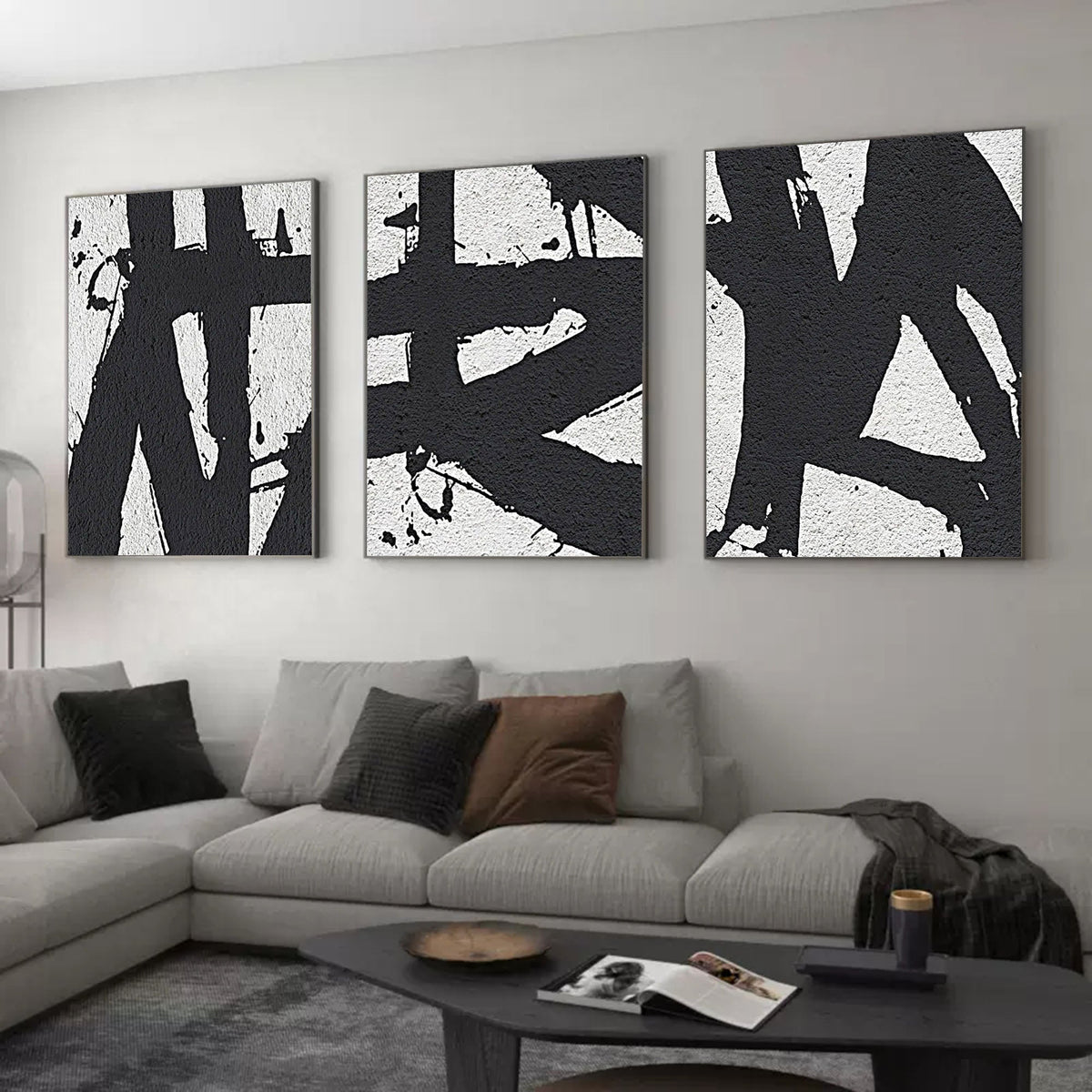 Set of 3 Black White Triptych Wall Art Textured