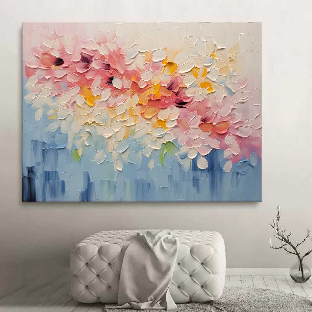 Vibrant Floral Impasto Painting Textured Pink Yellow