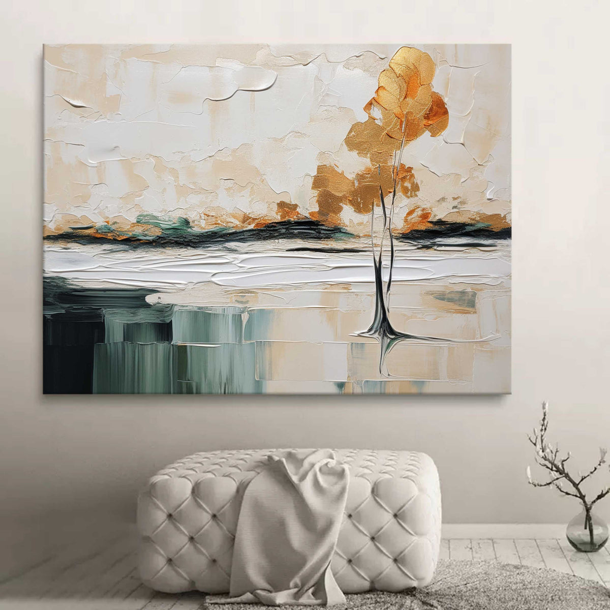 Golden Solitary Tree Landscape Impasto Painting