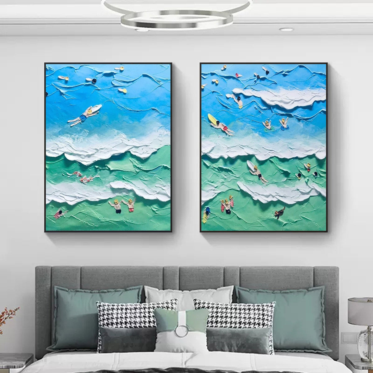 Vibrant Beach Scene Impasto Diptych Oil Painting