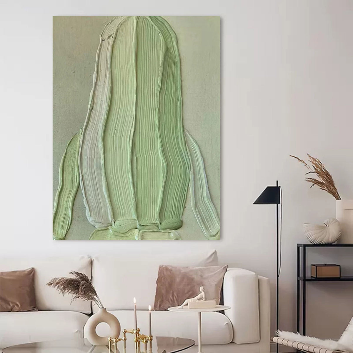 Soft Green Impasto Textured Organic Form Wall Art
