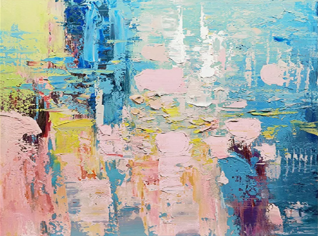 Vibrant Impasto Oil Painting Blue Pink Yellow