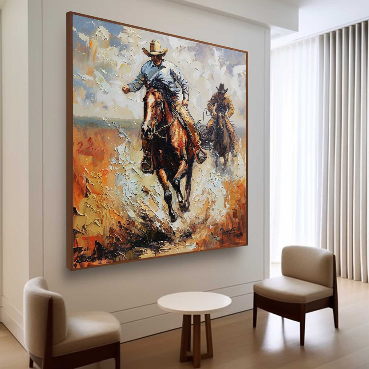 Western Cowboys Riding 3D Impasto Painting