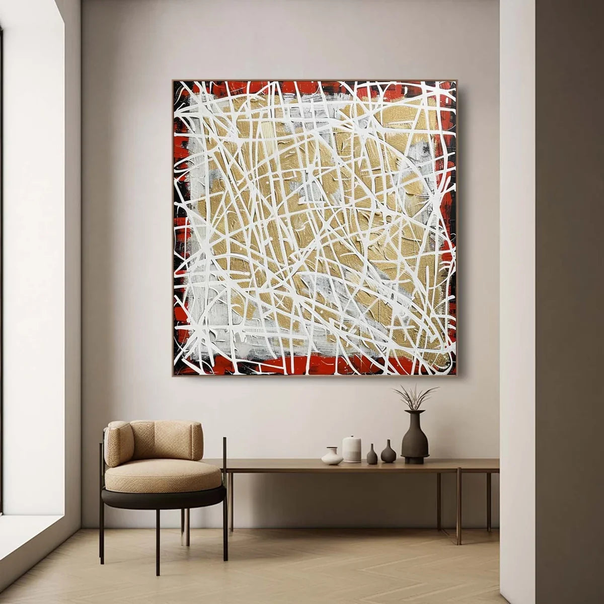 Tactile Red Gold Oil Painting White Web-Lines Luxe